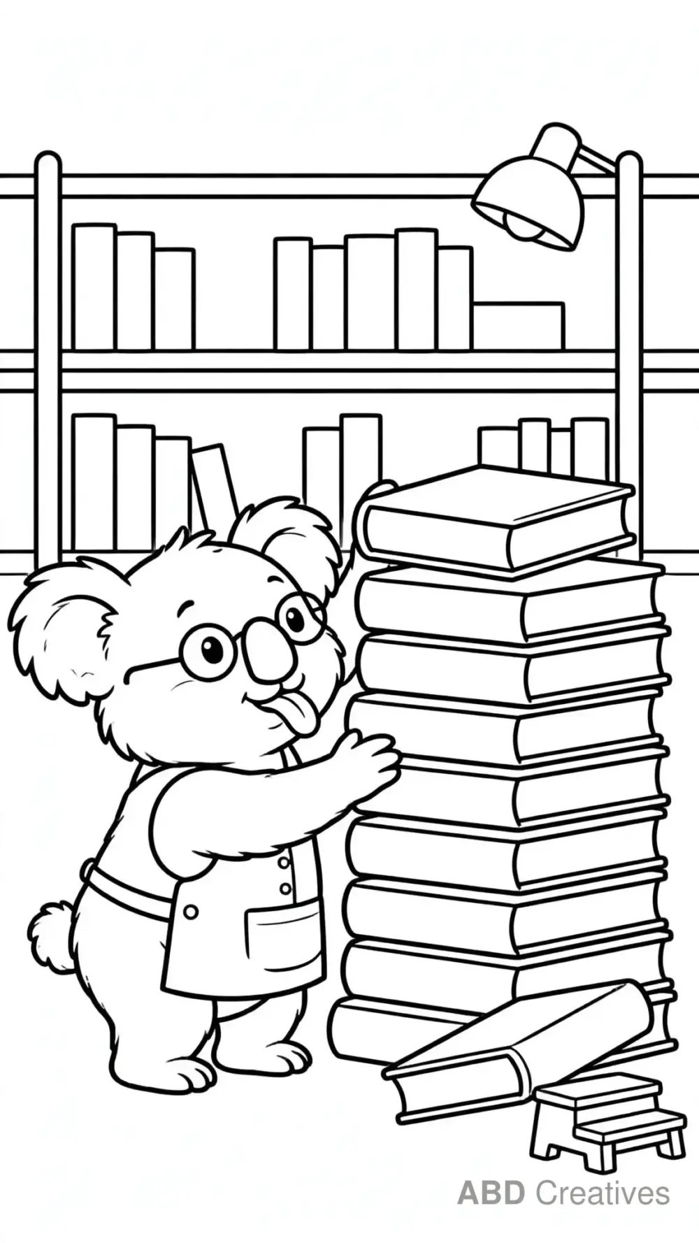 Koala Librarian Stacking Books Coloring Page