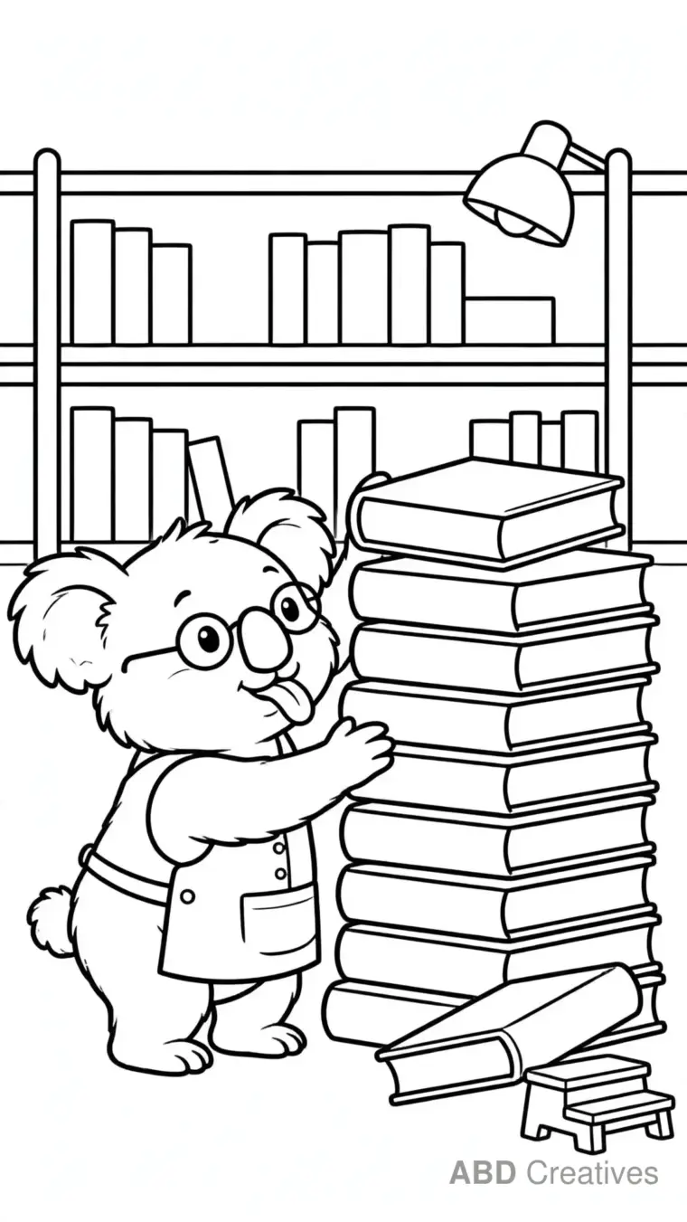 Koala Librarian Stacking Books Coloring Page