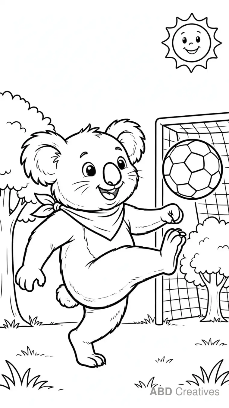 Koala Playing Soccer in the Park Coloring Page