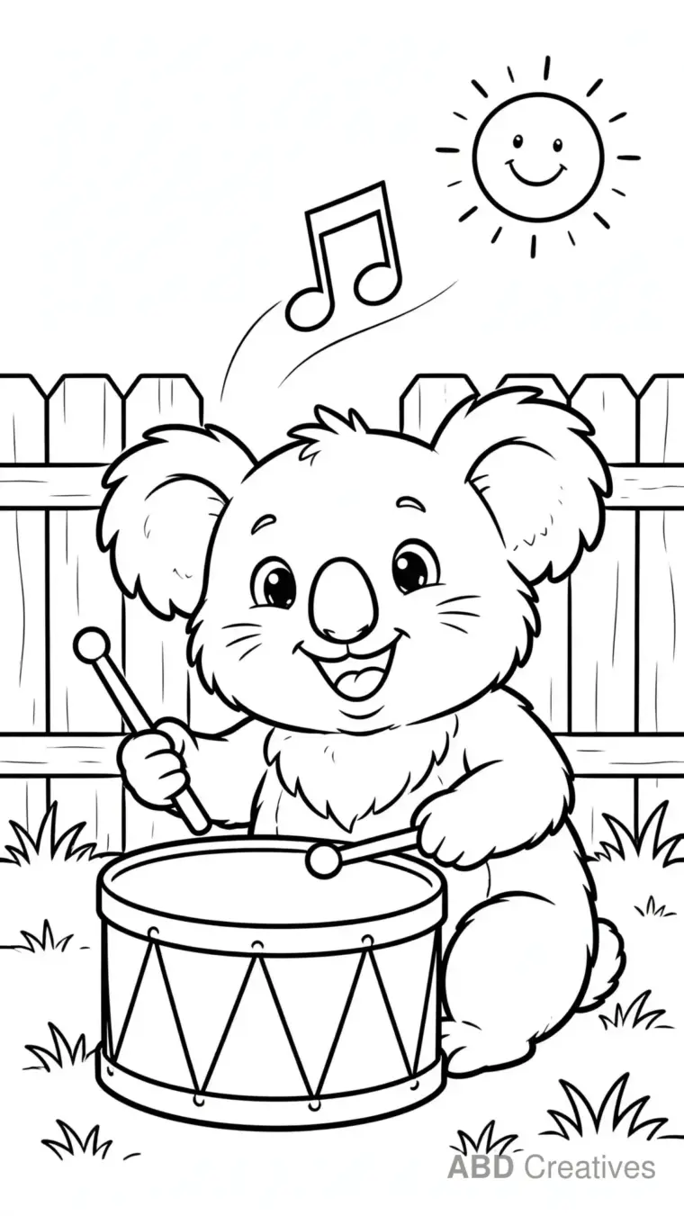 Koala Playing a Drum in the Yard Coloring Page