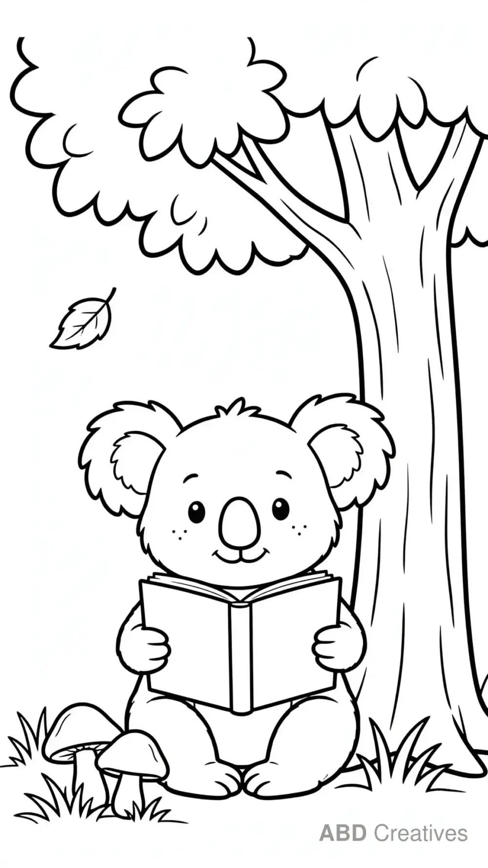 Koala Reading a Book Under a Tree Coloring Page
