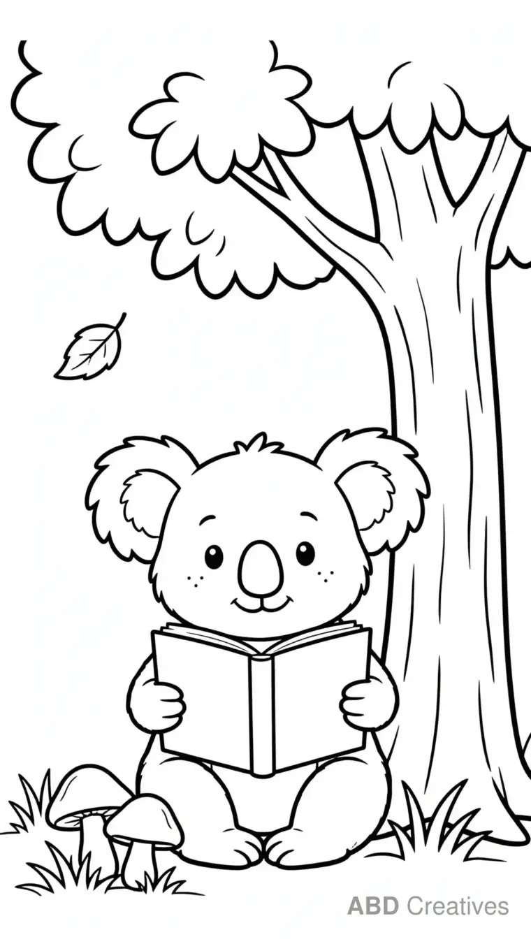 Koala Reading a Book Under a Tree Coloring Page
