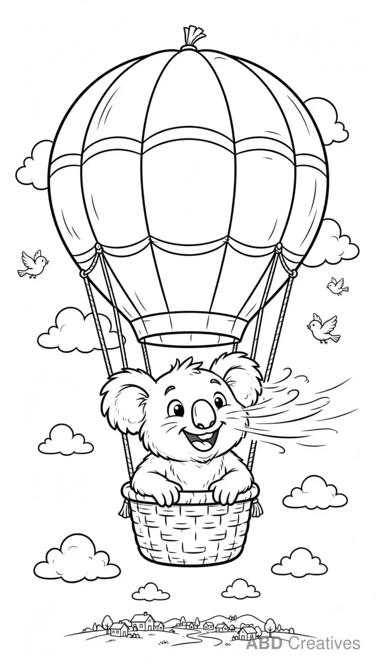Koala Riding a Hot Air Balloon Coloring Page