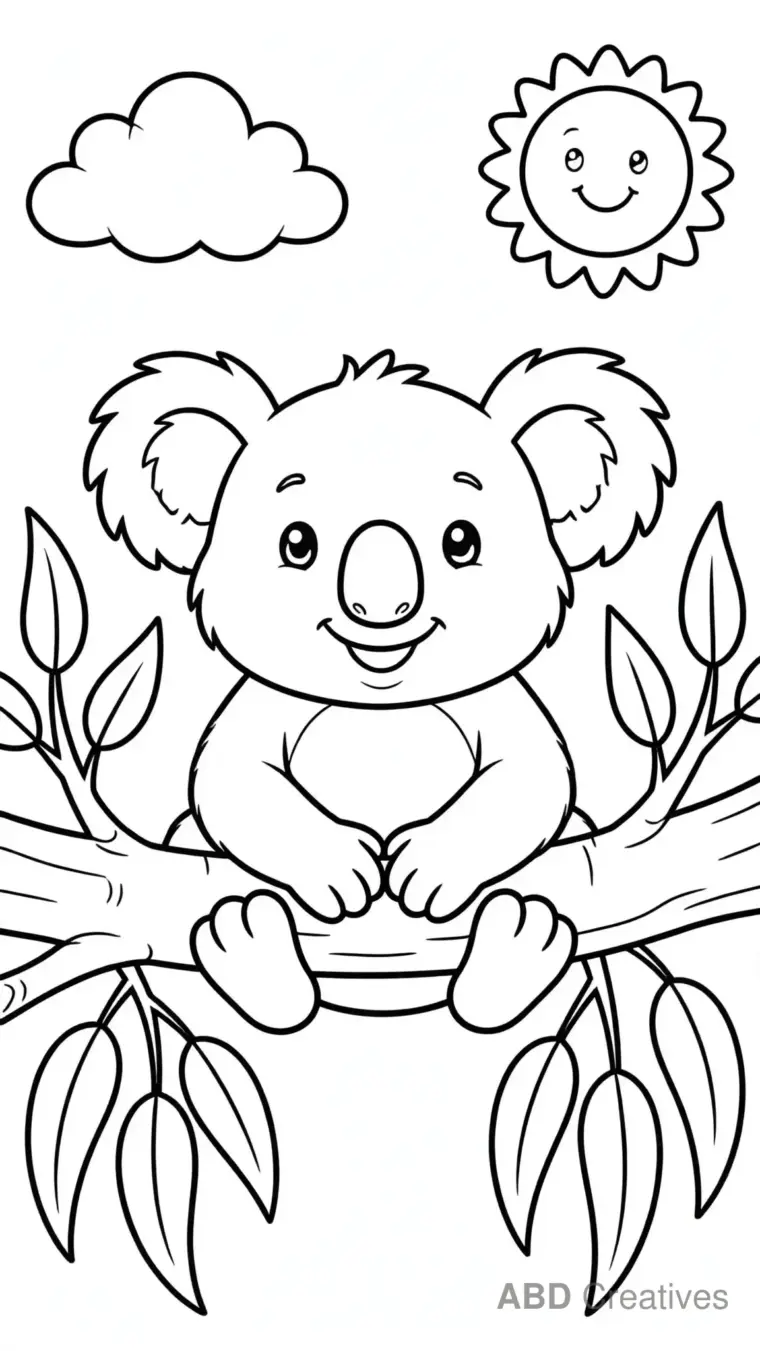Koala Sitting on a Eucalyptus Branch Coloring Page