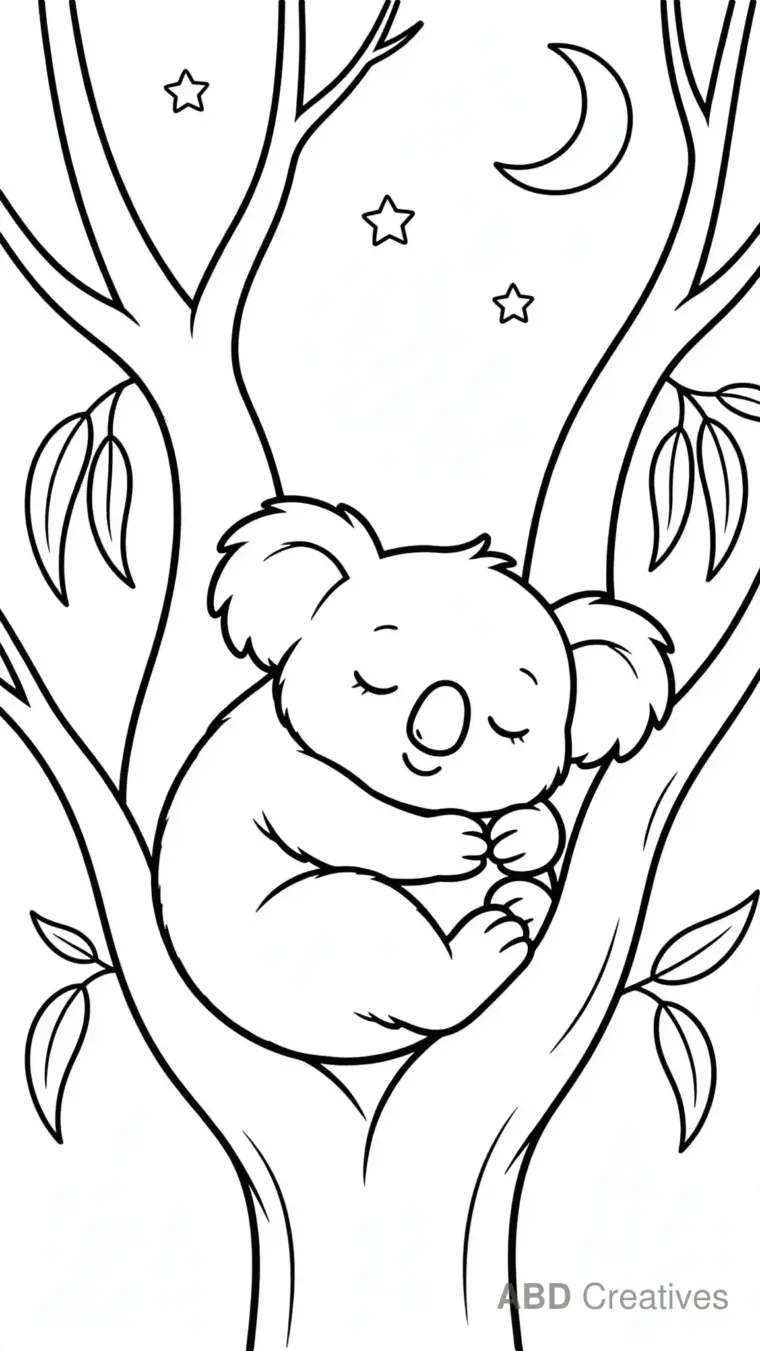 Koala Sleeping in a Tree Fork Coloring Page