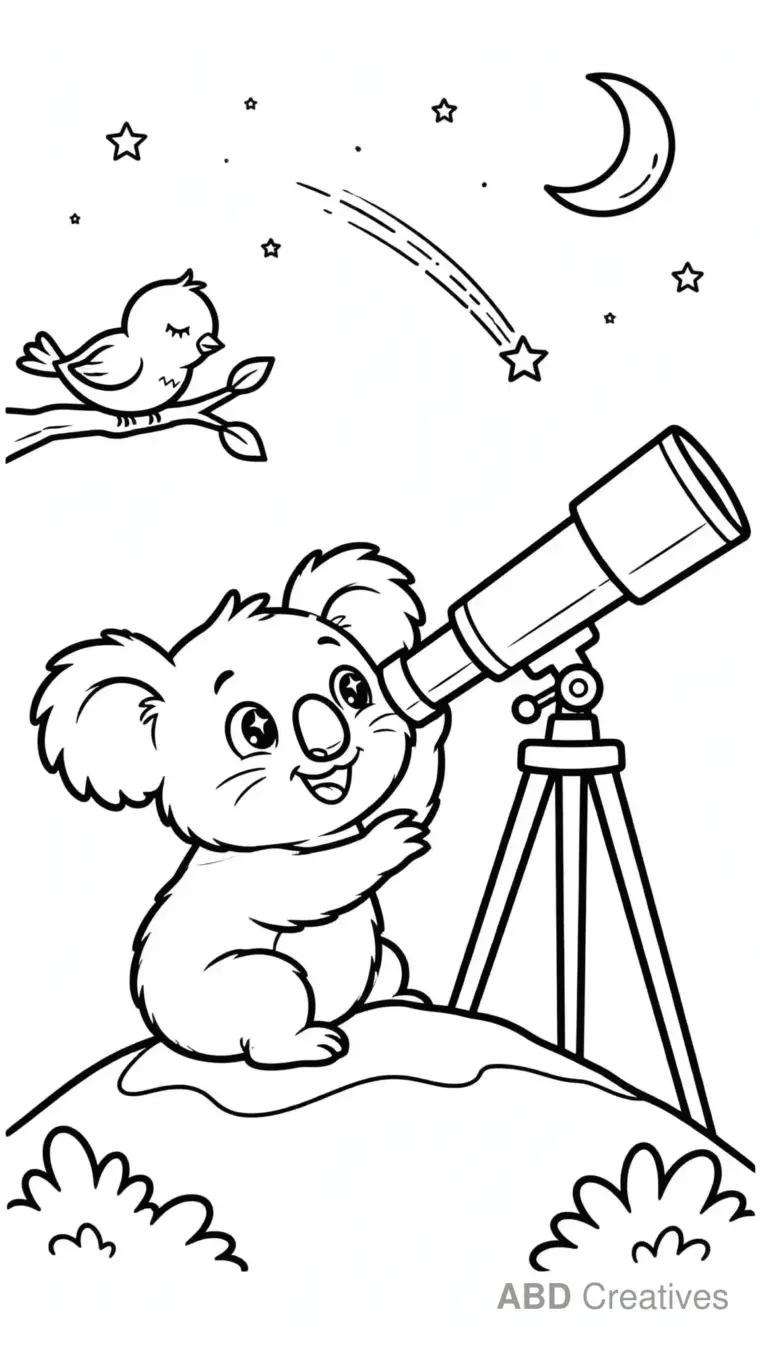 Koala Stargazing with a Telescope Coloring Page