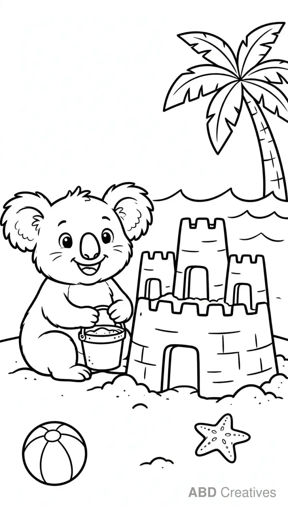 Koala at the Beach with a Sandcastle Coloring Page
