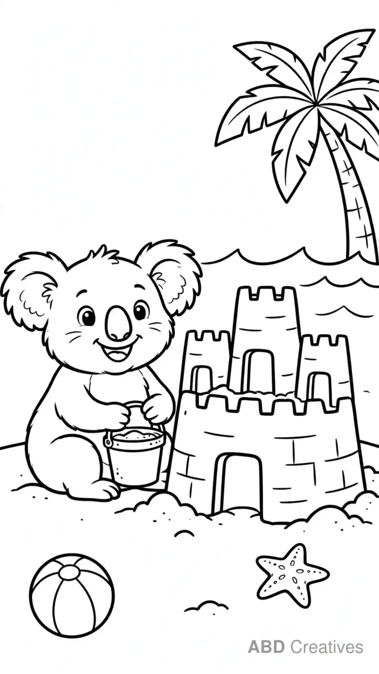 Koala at the Beach with a Sandcastle Coloring Page