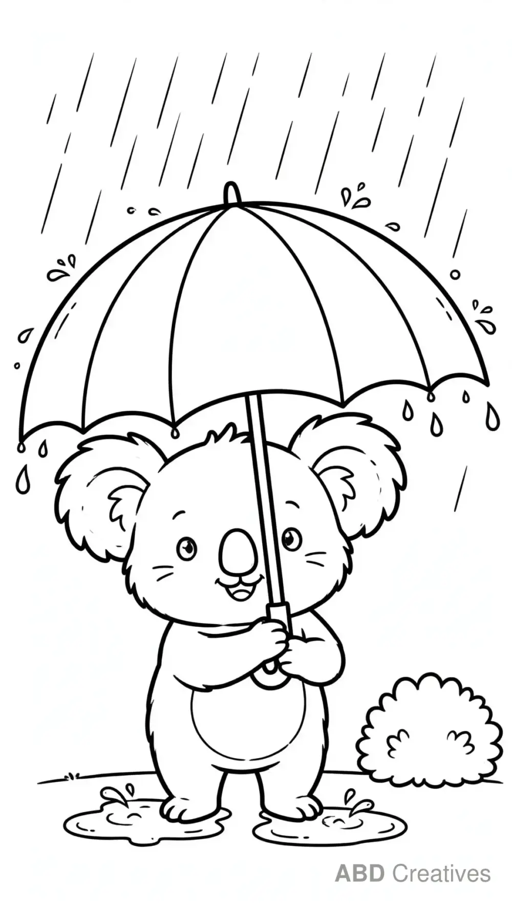Koala in the Rain with an Umbrella Coloring Page