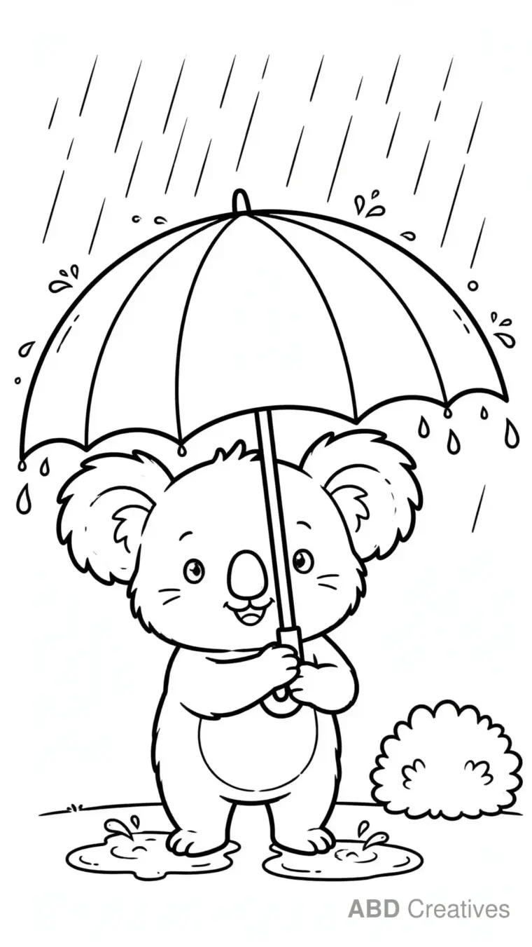 Koala in the Rain with an Umbrella Coloring Page