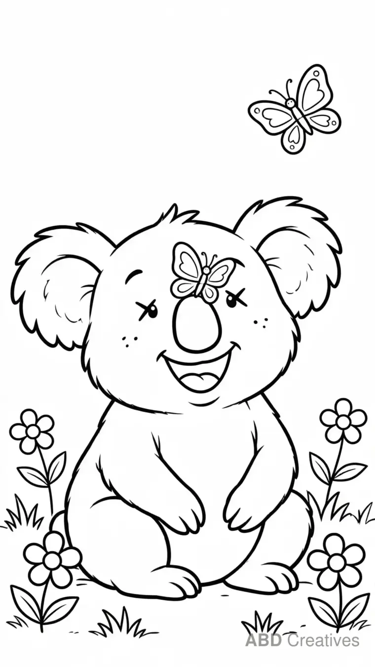 Koala with a Butterfly on Its Nose Coloring Page