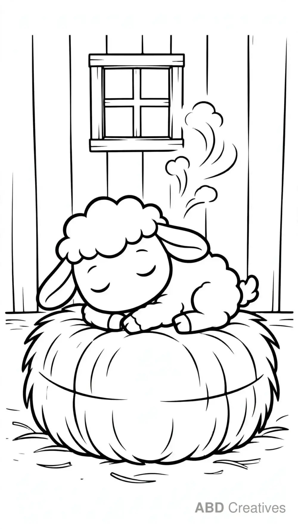 Lamb Sleeping on a Hay Bale Coloring Page