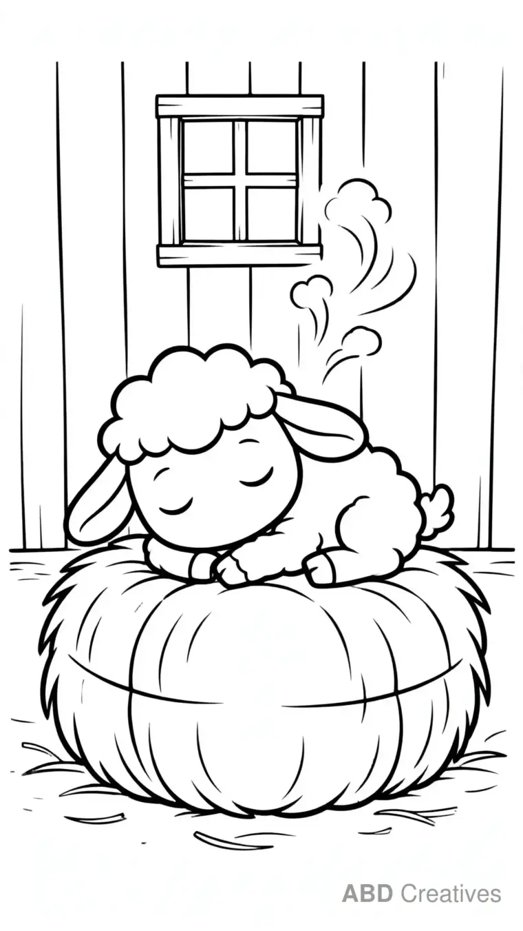 Lamb Sleeping on a Hay Bale Coloring Page