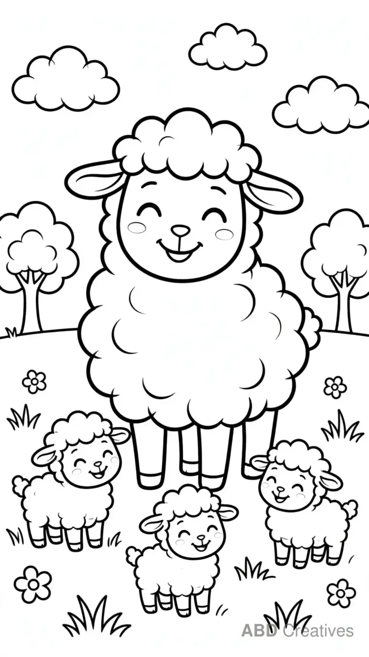 Mother Sheep with Three Lambs in a Meadow Coloring Page