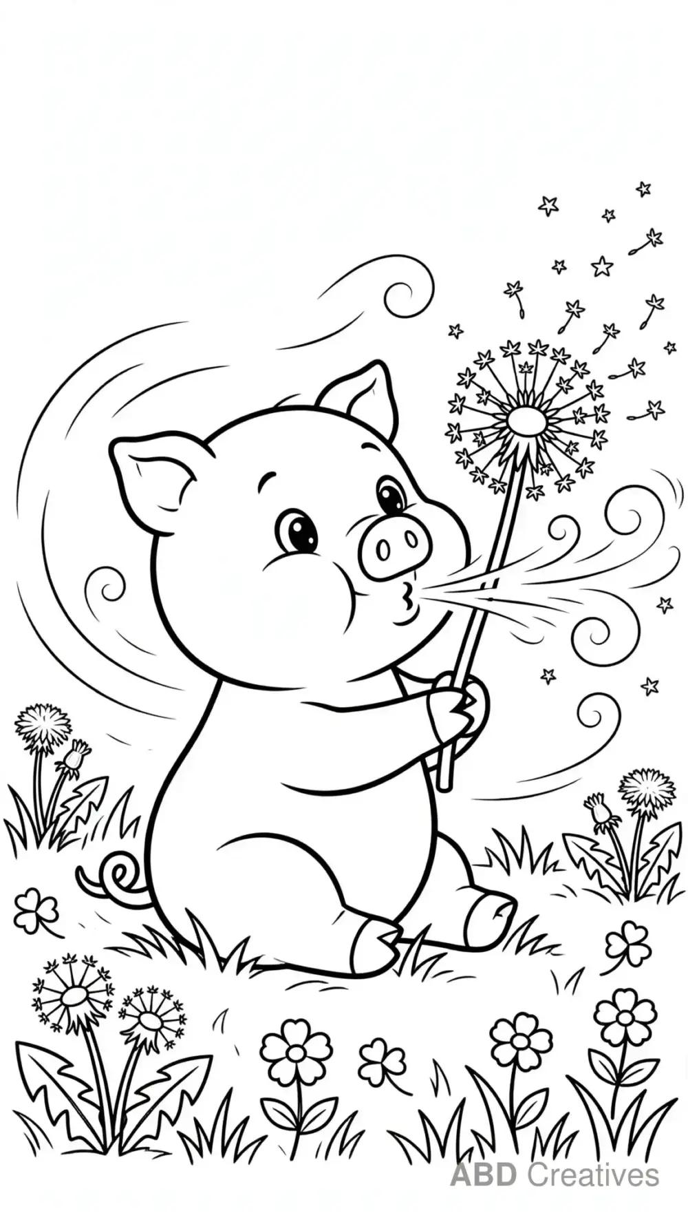 Pig Blowing Dandelion Seeds Coloring Page