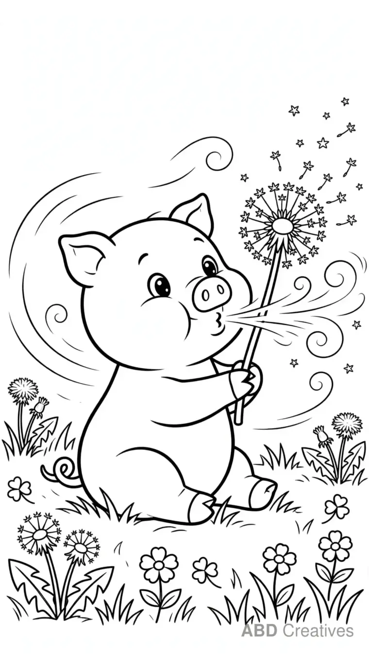 Pig Blowing Dandelion Seeds Coloring Page