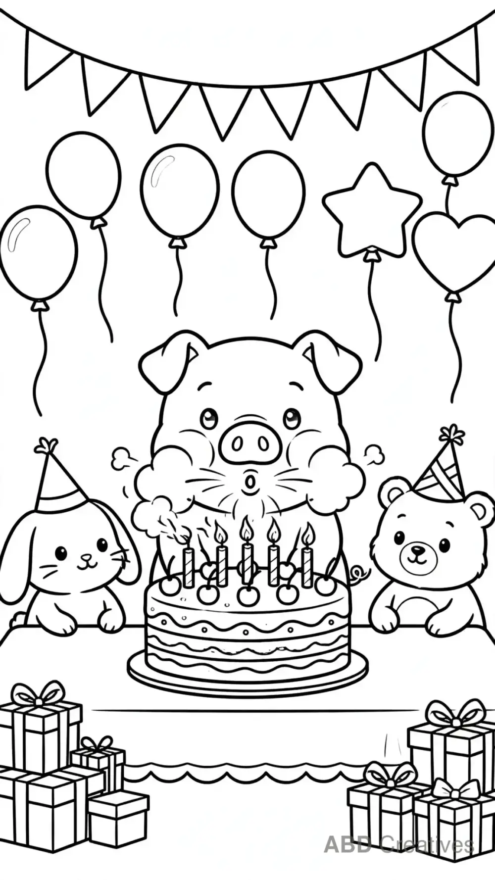 Pig Blowing Out Birthday Candles Coloring Page