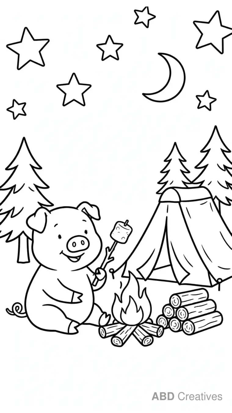 Pig Camping Under the Stars Coloring Page