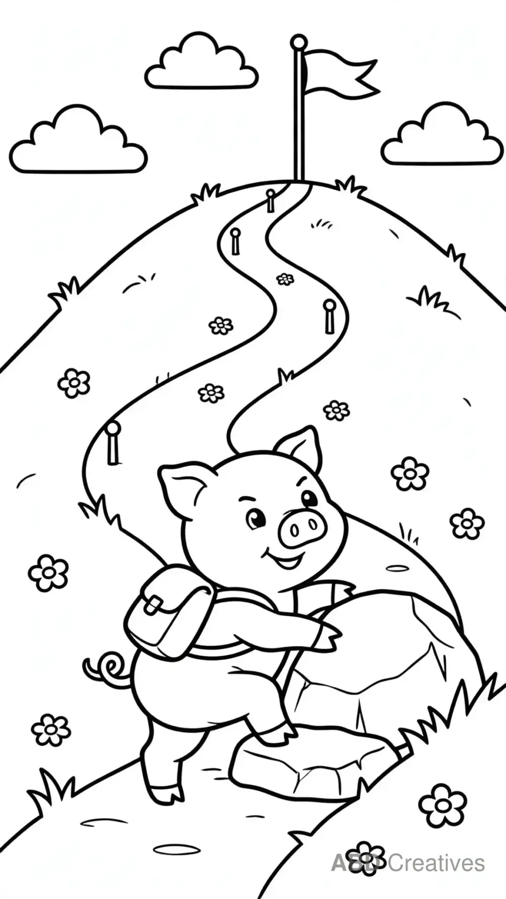 Pig Climbing a Grassy Hill Coloring Page