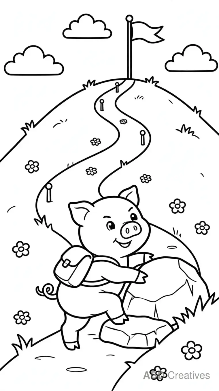 Pig Climbing a Grassy Hill Coloring Page