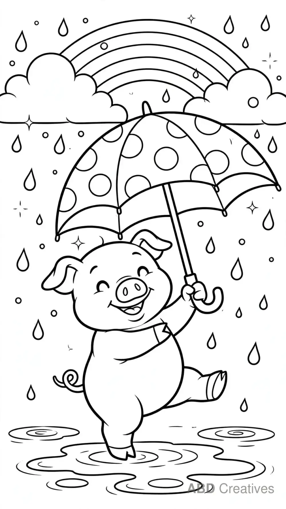 Pig Dancing in the Rain with an Umbrella Coloring Page