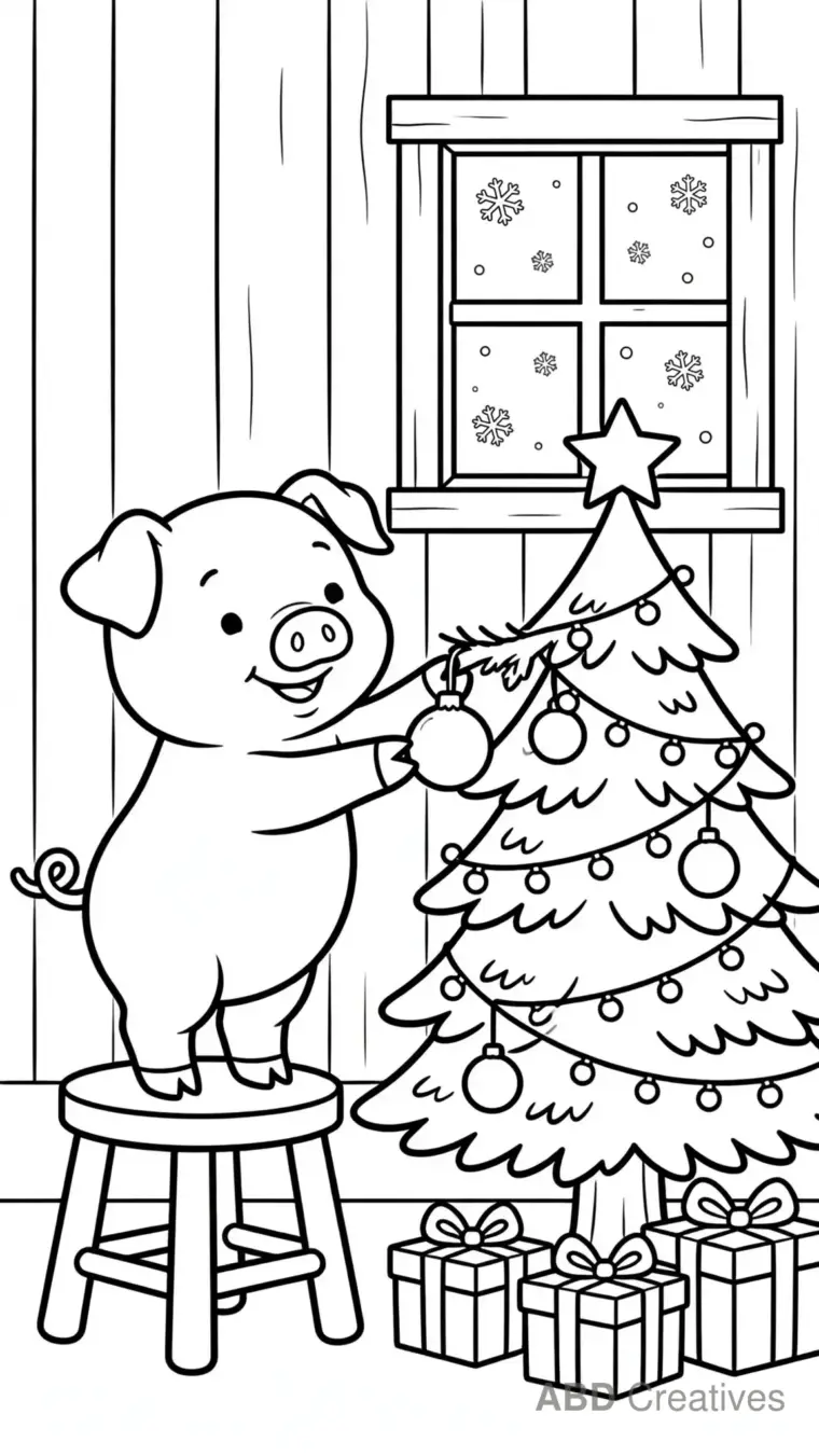 Pig Decorating the Christmas Barn Coloring Page