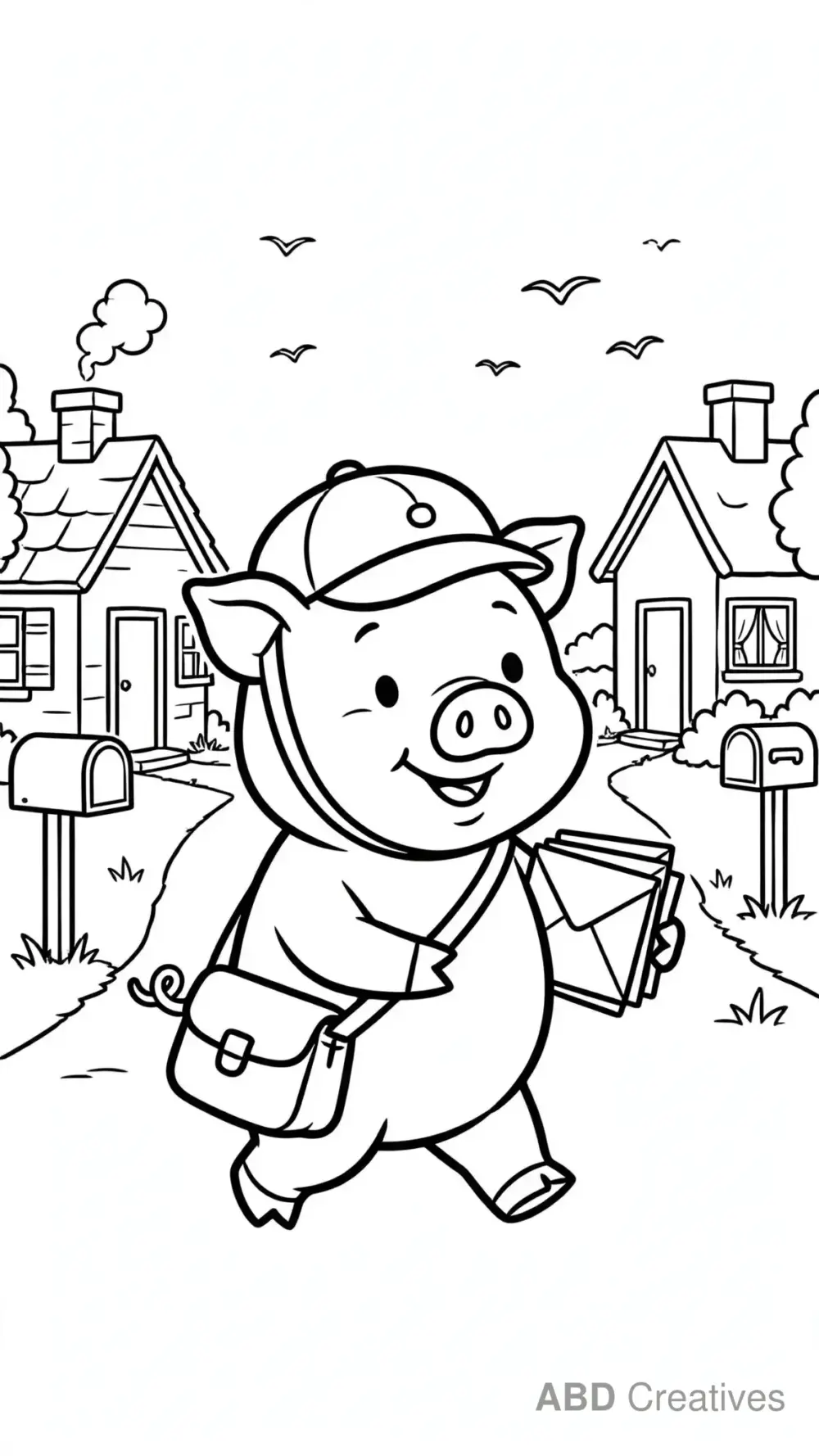 Pig Delivering the Mail in the Village Coloring Page