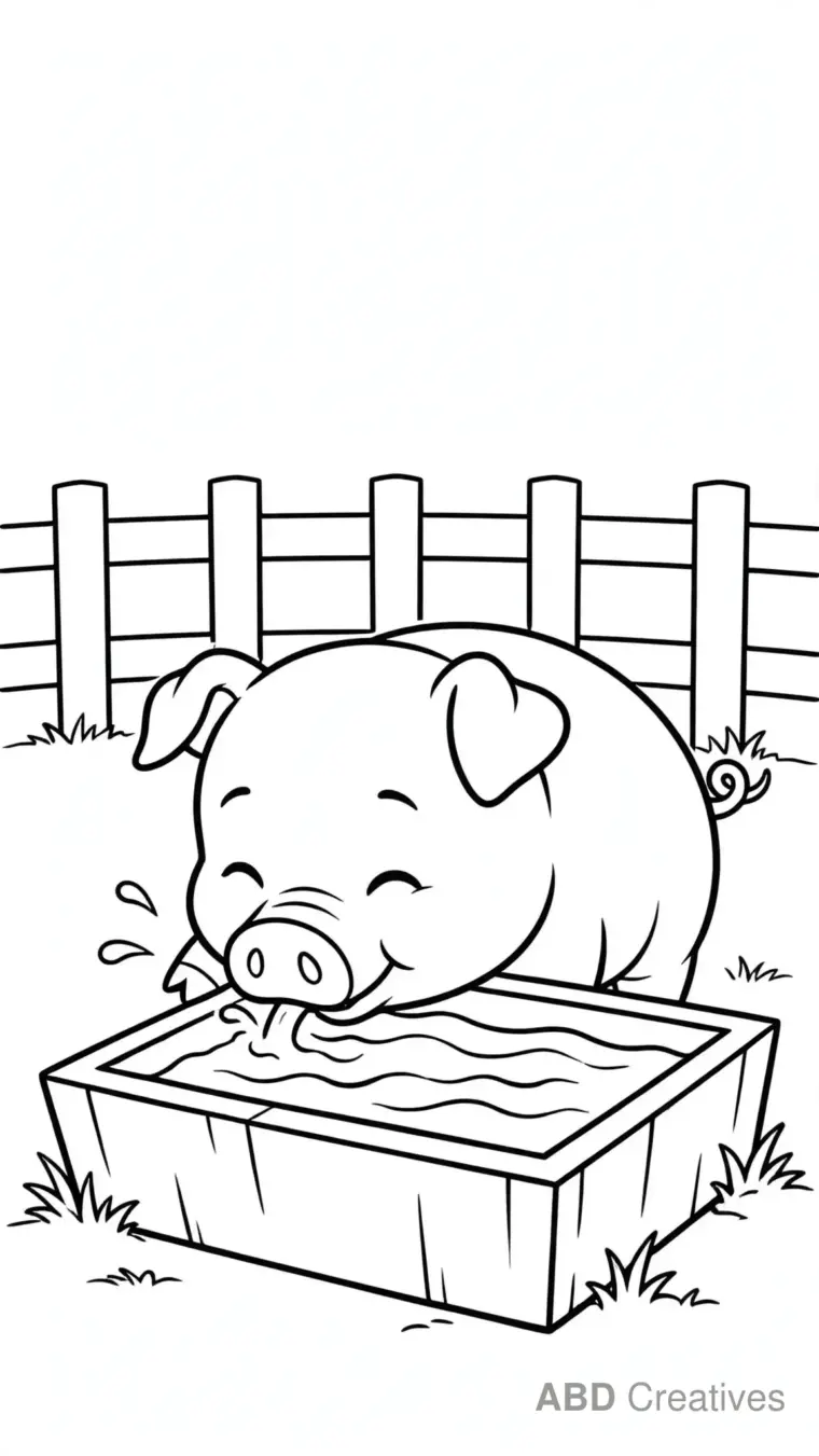 Pig Drinking Water from a Trough Coloring Page