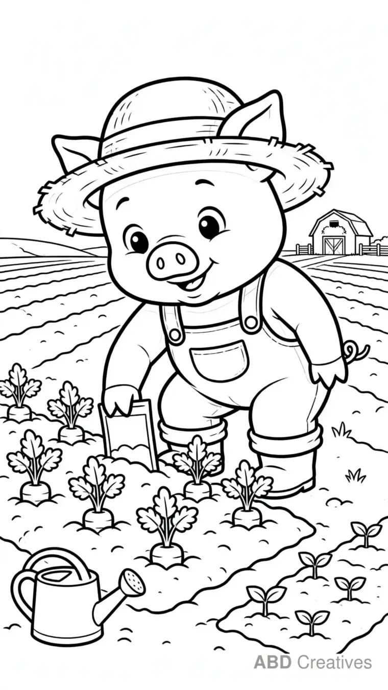 Pig Farmer Planting Carrots Coloring Page