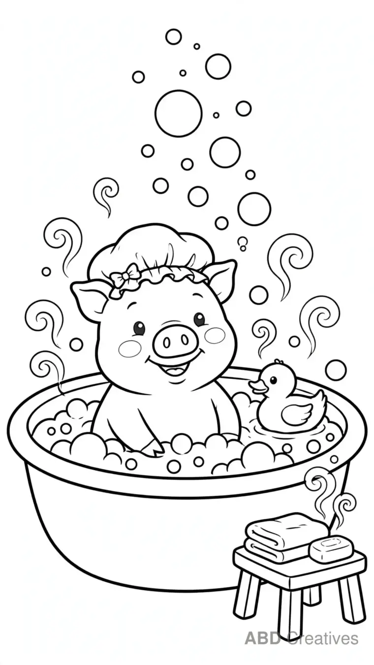 Pig Having a Bubble Bath in a Tub Coloring Page