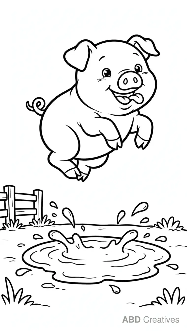 Pig Jumping Over a Mud Puddle Coloring Page