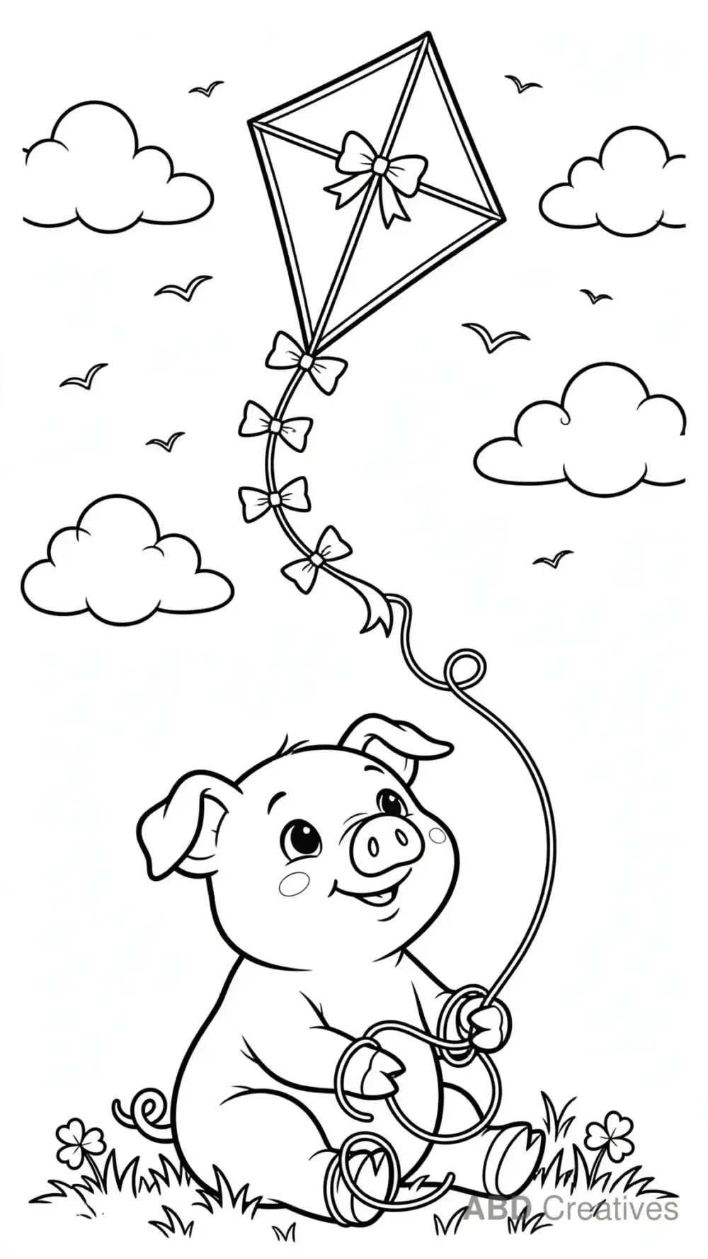 Pig Looking Up at a Flying Kite Coloring Page