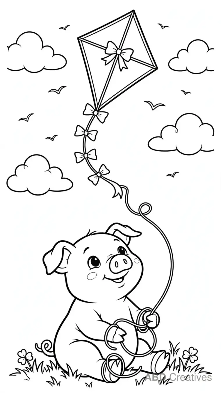 Pig Looking Up at a Flying Kite Coloring Page