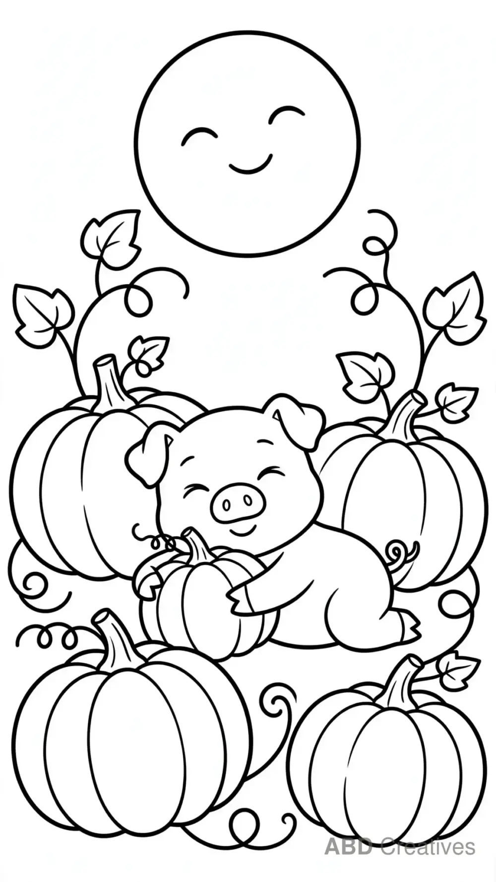 Pig Lying in a Pumpkin Patch Coloring Page