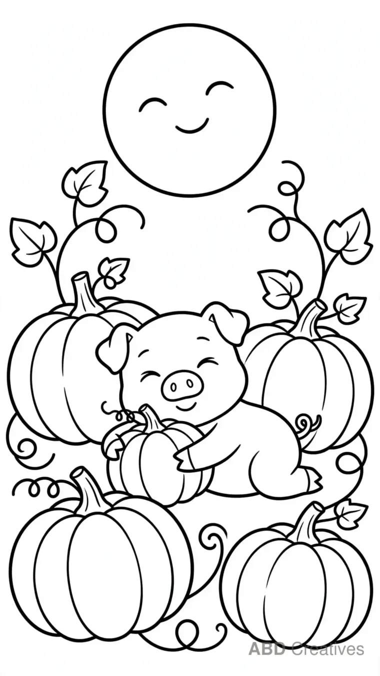 Pig Lying in a Pumpkin Patch Coloring Page