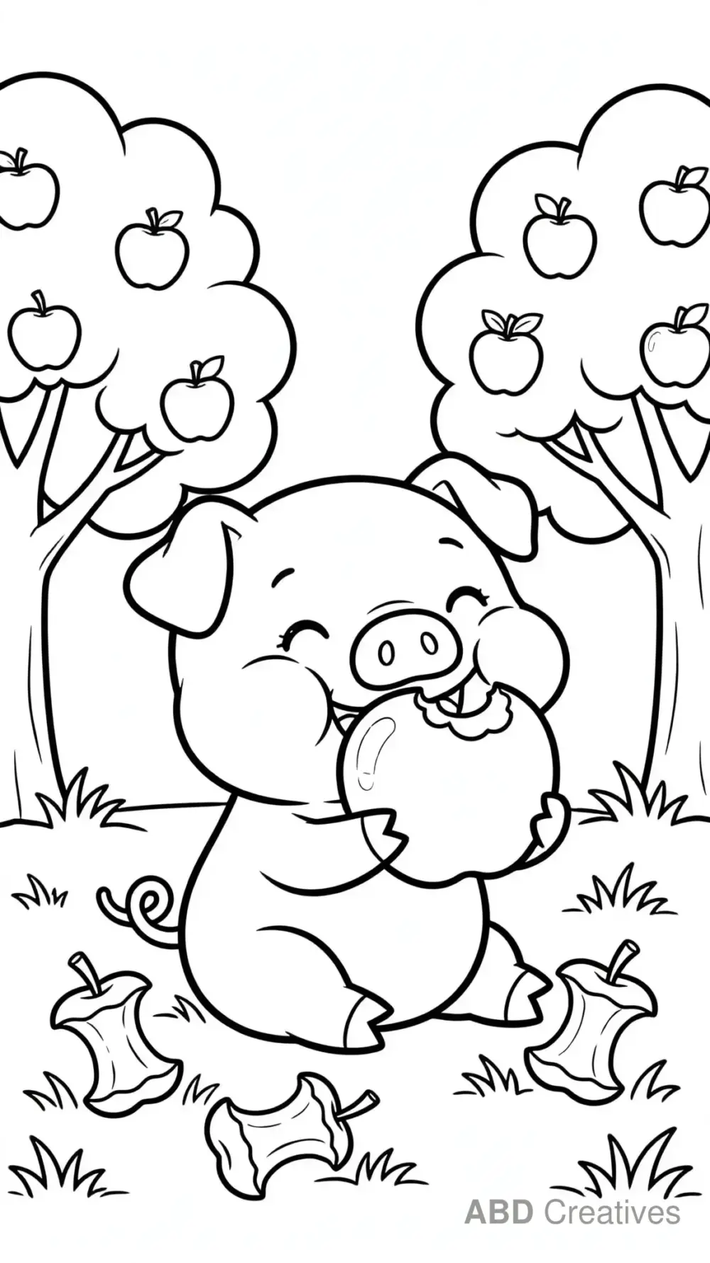 Pig Munching an Apple in the Orchard Coloring Page