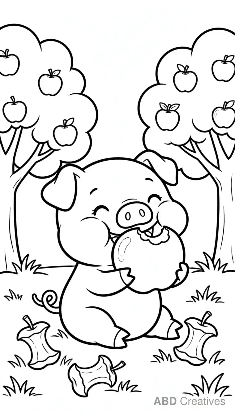 Pig Munching an Apple in the Orchard Coloring Page