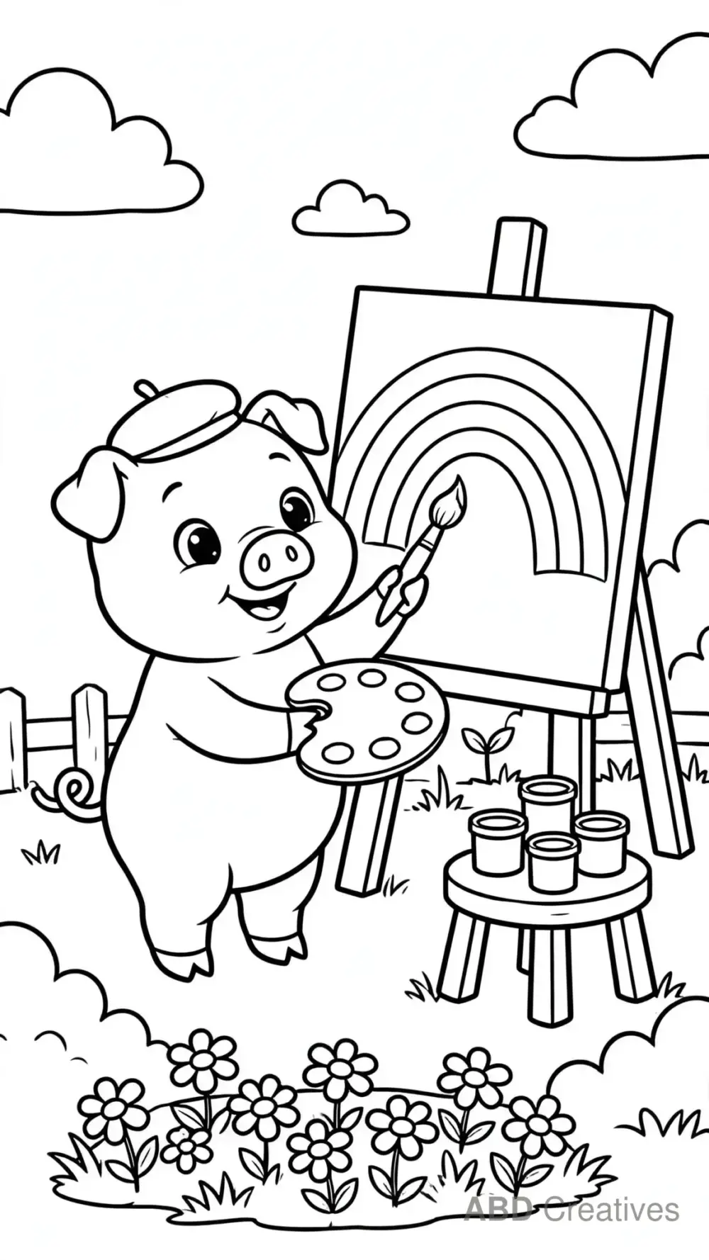 Pig Paints a Big Rainbow Picture Coloring Page