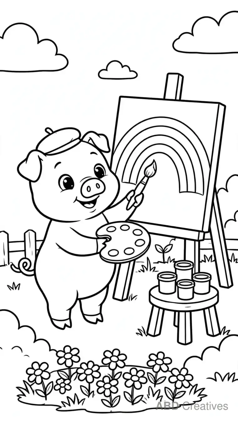 Pig Paints a Big Rainbow Picture Coloring Page