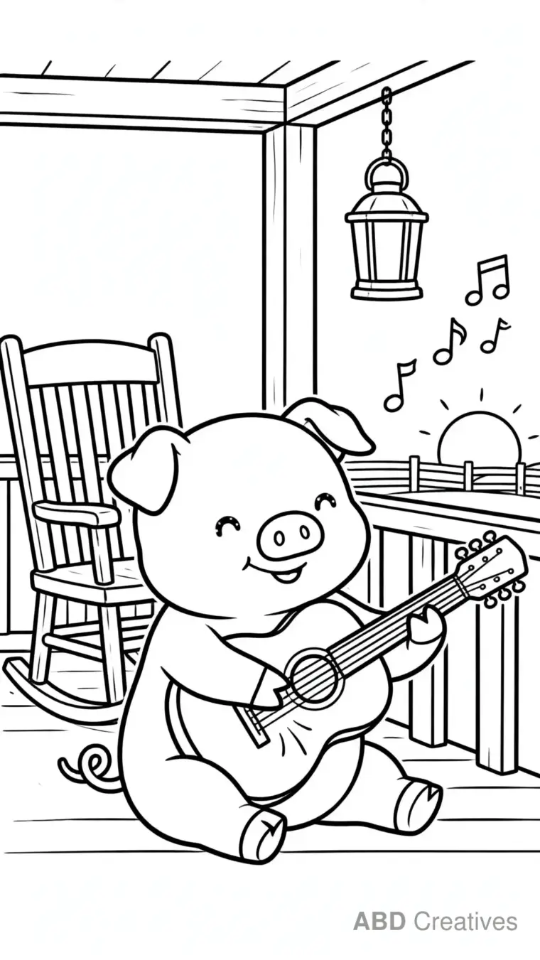 Pig Playing a Guitar on the Porch Coloring Page