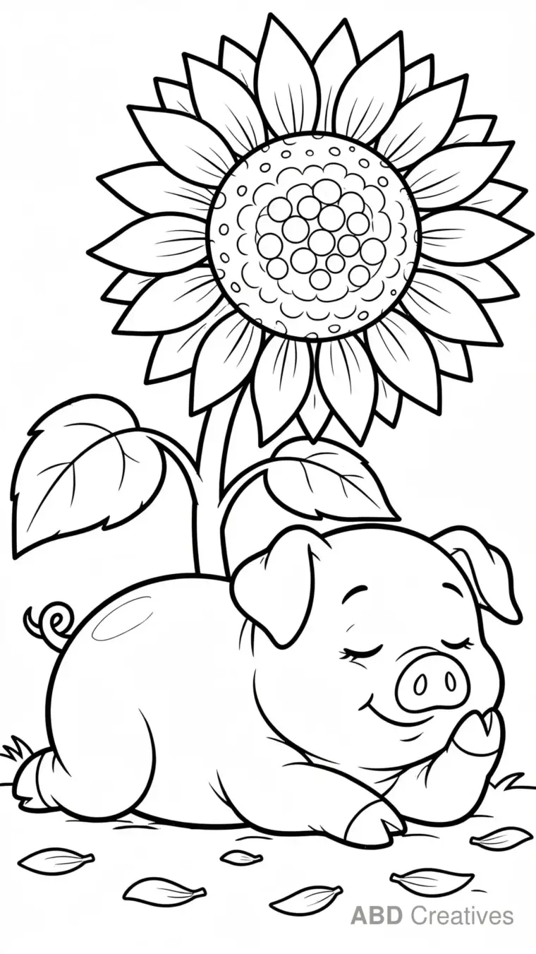 Pig Resting Under a Sunflower Coloring Page