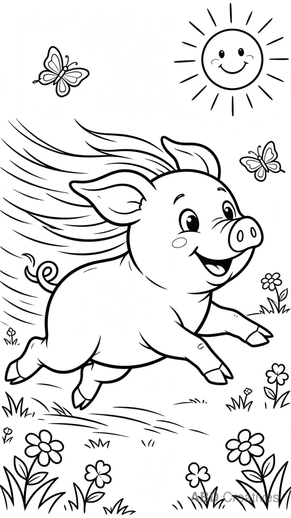 Pig Running Through a Sunny Meadow Coloring Page