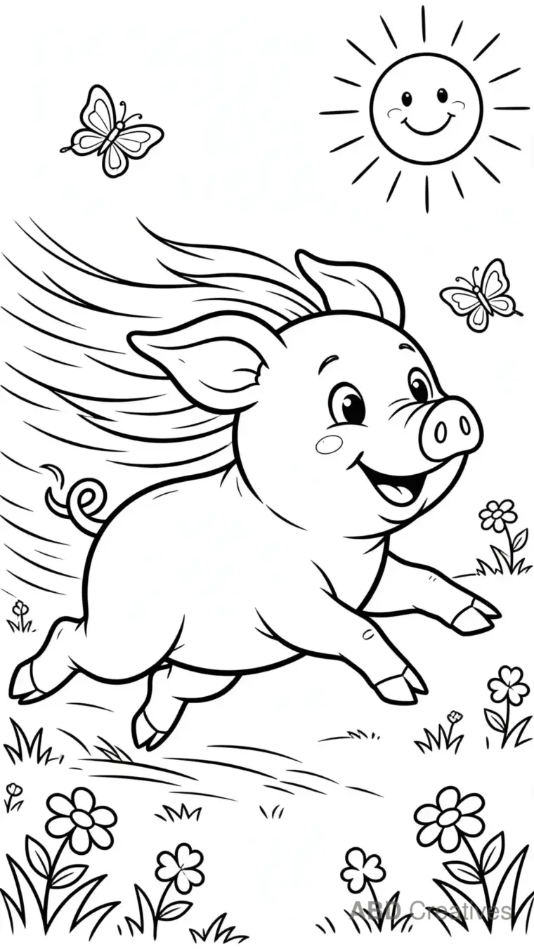 Pig Running Through a Sunny Meadow Coloring Page