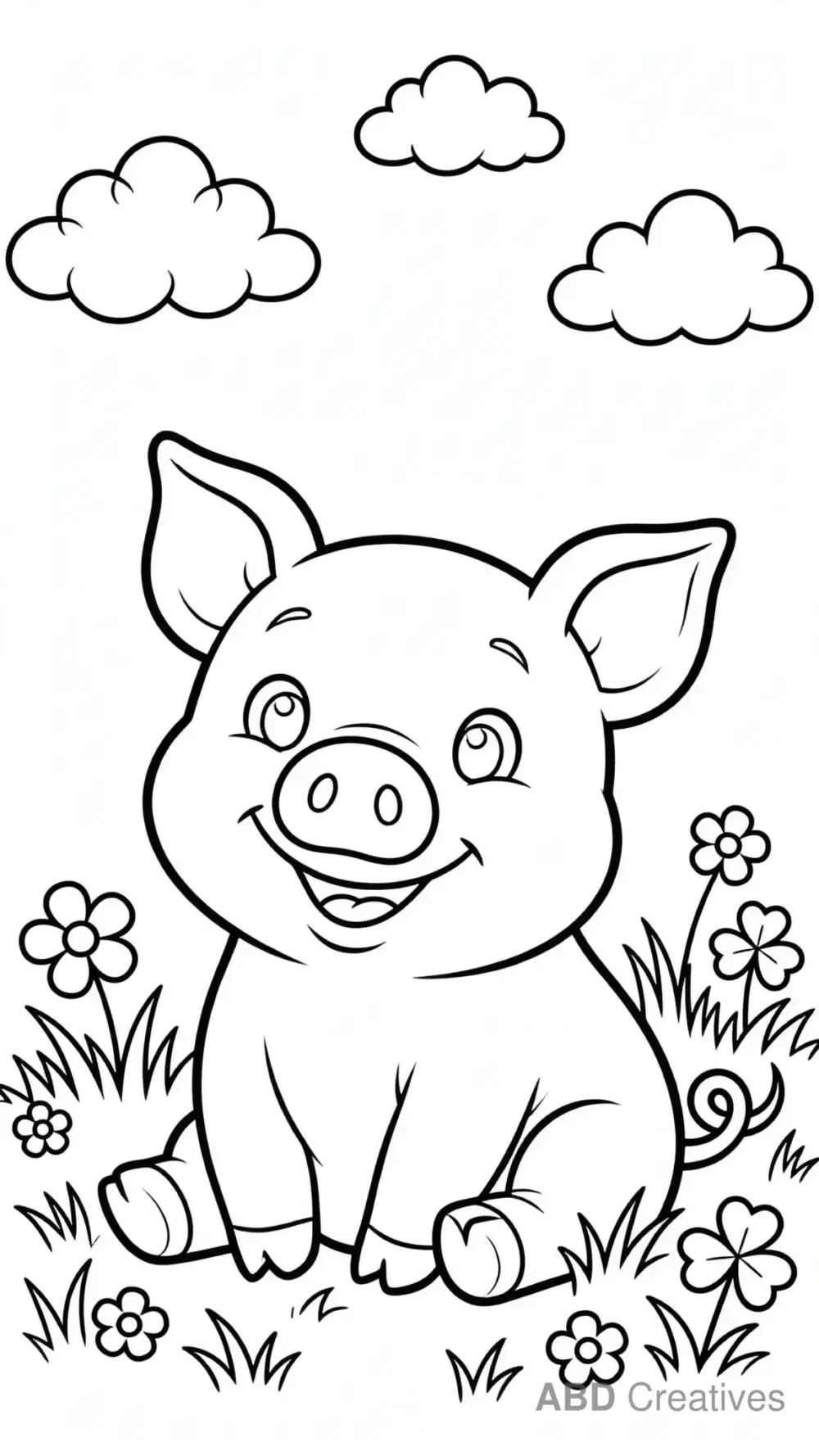 Pig Sitting in a Flower Meadow Coloring Page