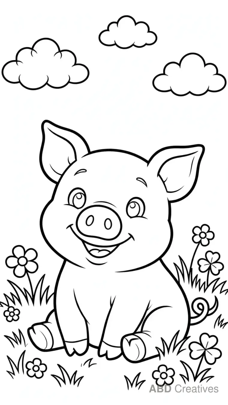 Pig Sitting in a Flower Meadow Coloring Page