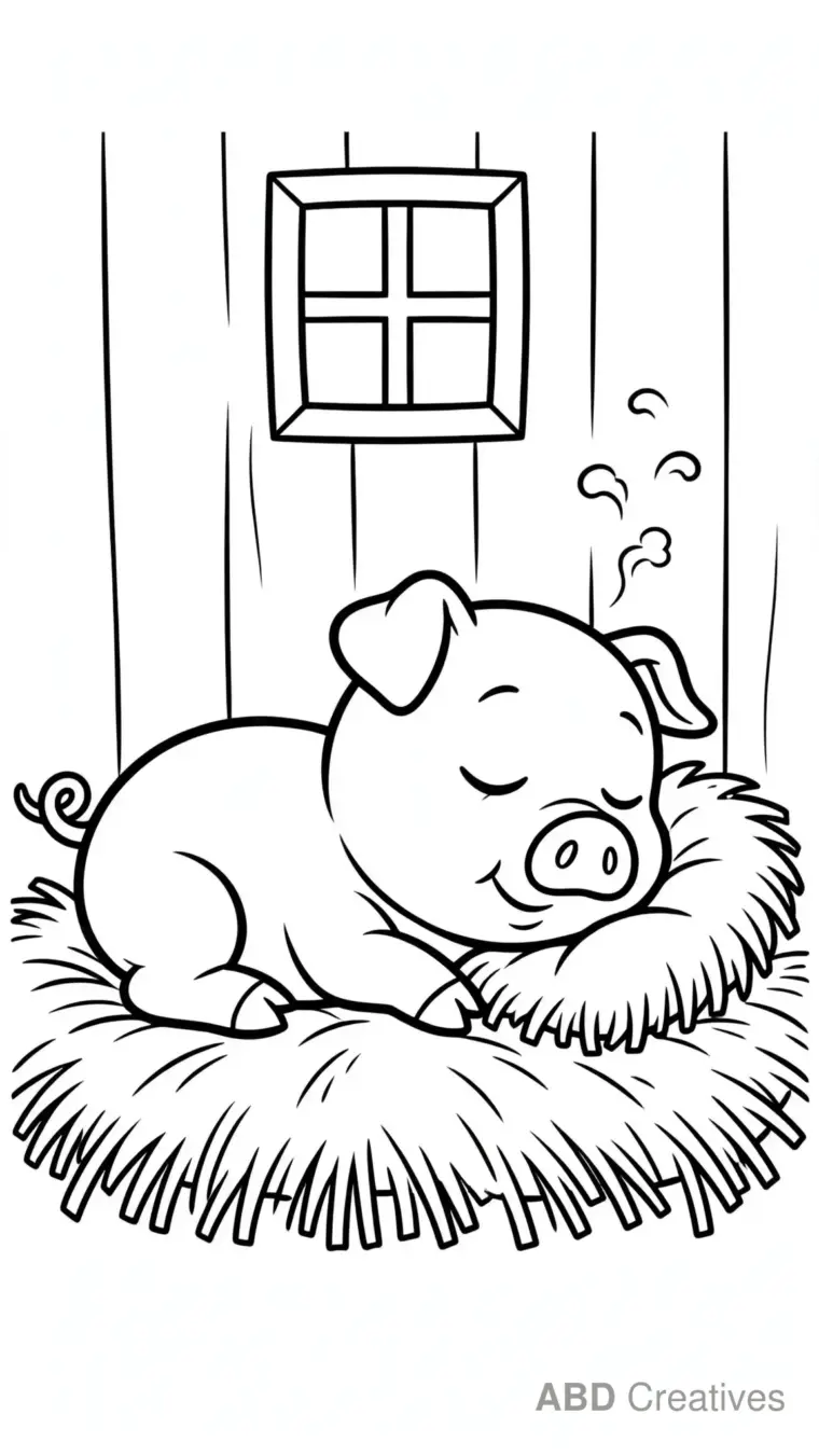 Pig Sleeping in a Straw Bed Coloring Page