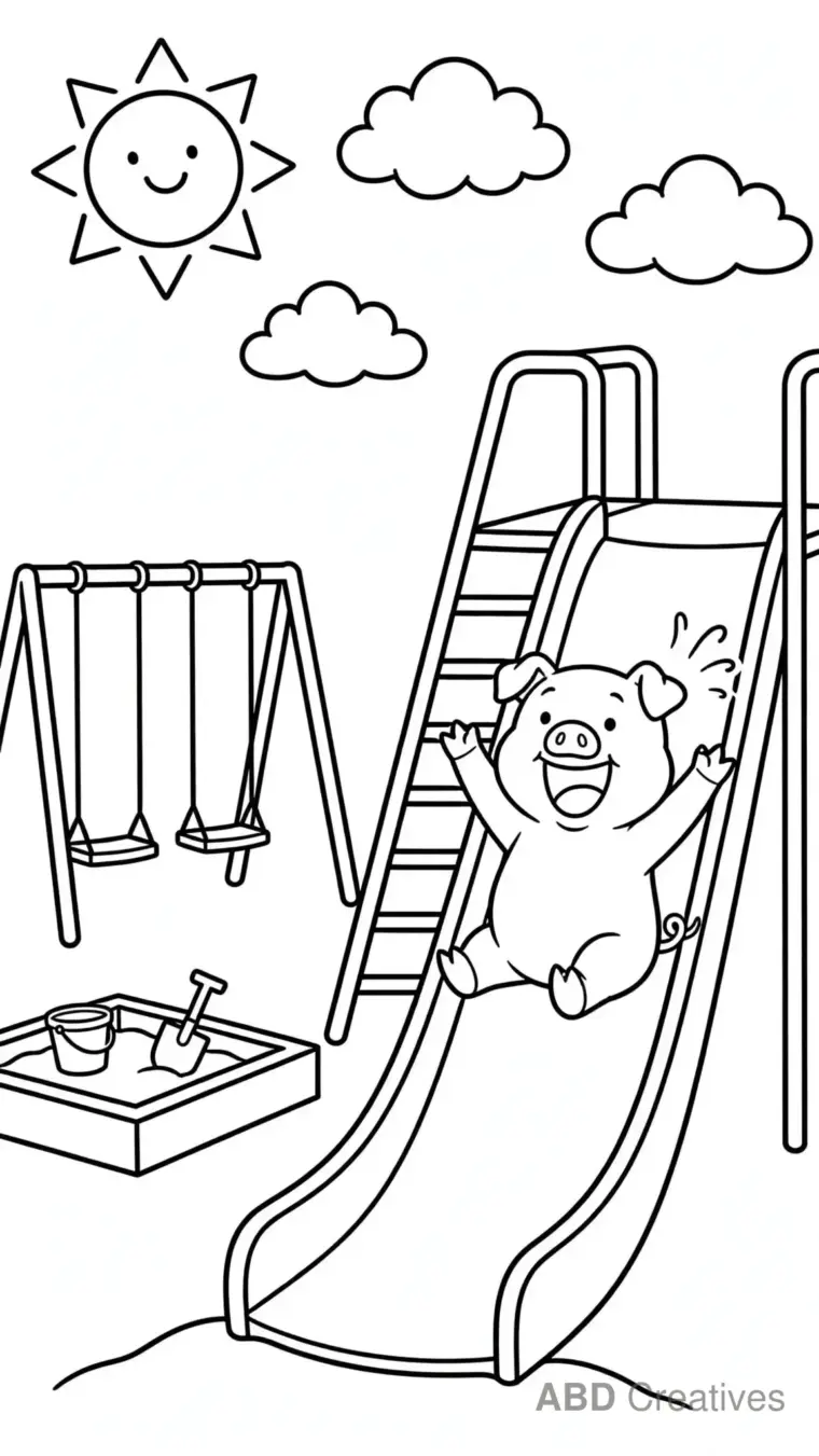 Pig Sliding Down a Playground Slide Coloring Page