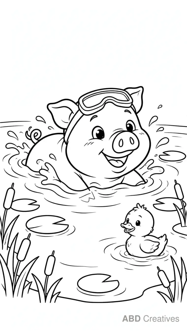 Pig Swimming in a Farm Pond Coloring Page
