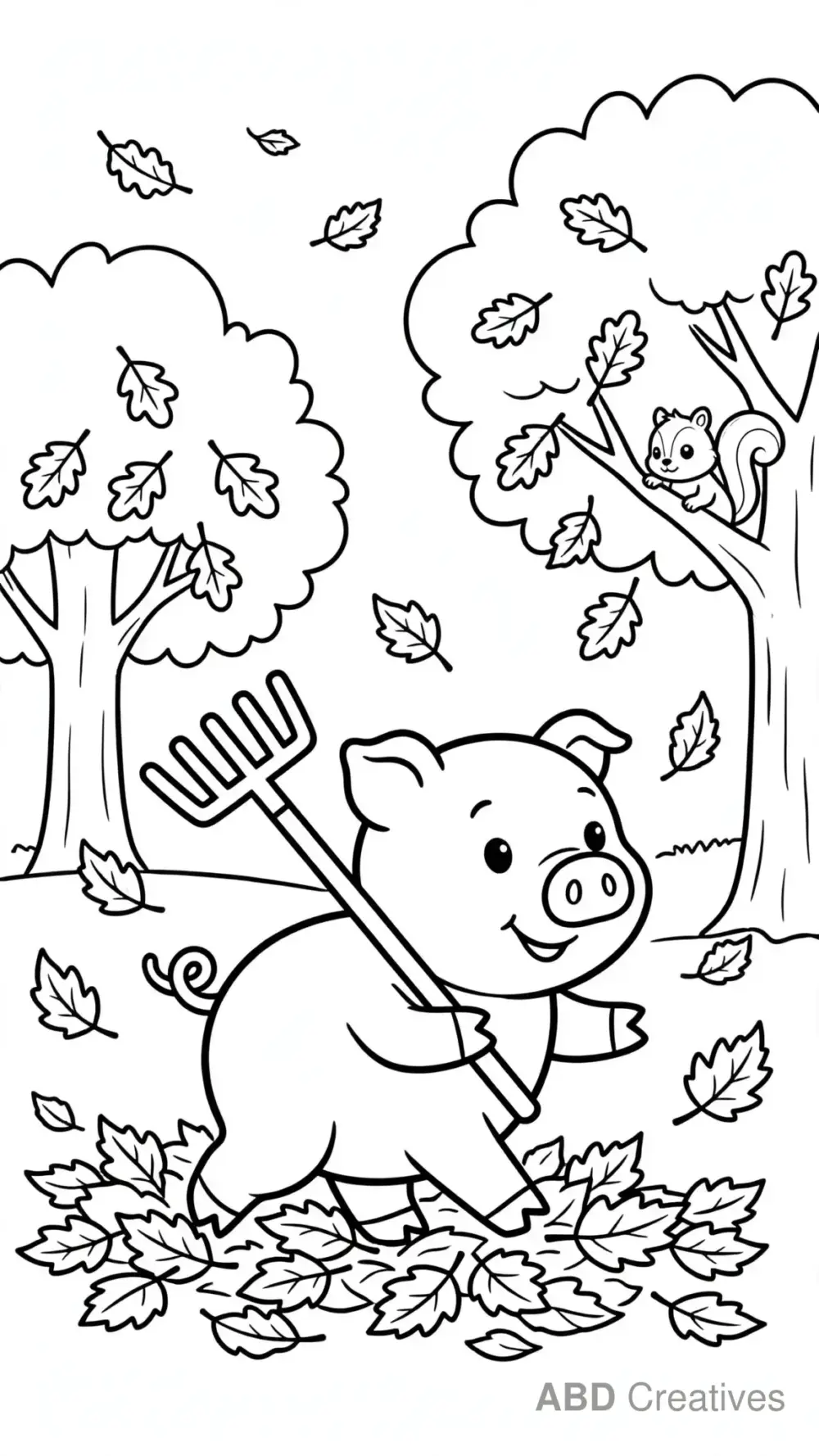 Pig Walking Through Autumn Leaves Coloring Page