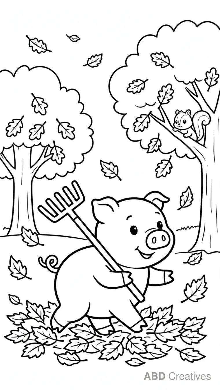 Pig Walking Through Autumn Leaves Coloring Page